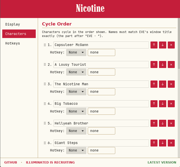 Nicotine control panel, Cycle Order tab: ordered character list with per-character hotkeys
