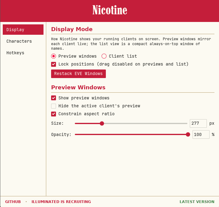 Nicotine control panel, Display tab: preview-vs-list mode and preview window size and opacity