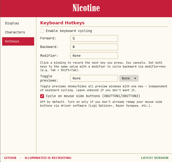 Nicotine control panel, Hotkeys tab: keyboard cycling keys and the mouse side-button toggle
