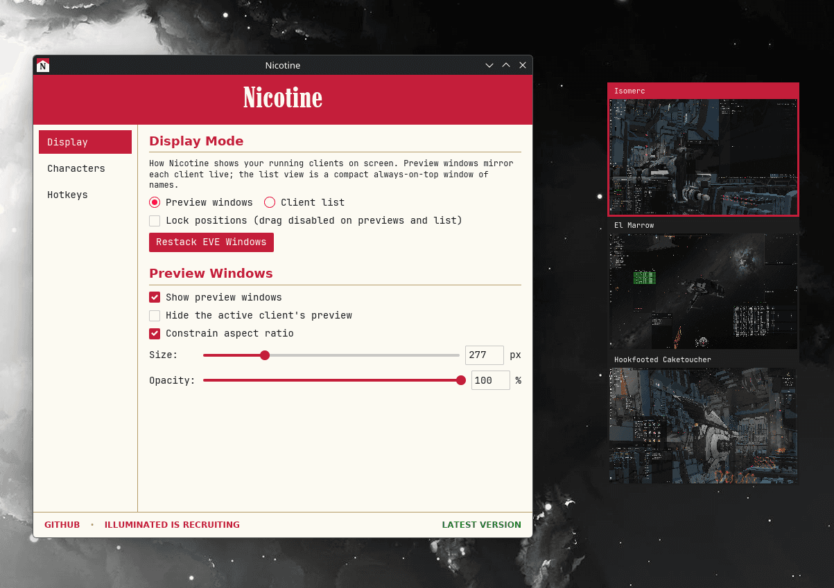 Nicotine in action: the control panel over EVE Online with an always-on-top preview window for each client down the right